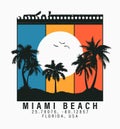 Miami Beach t-shirt design with palm trees, sun and gull birds. Miami, Florida tee shirt graphics with tropical palms Royalty Free Stock Photo